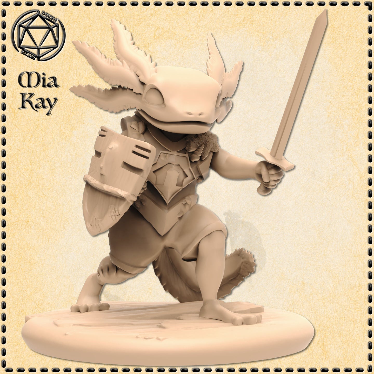 Unpainted cream resin digital render of an axolotl fighter miniature at 32mm scale, posed mid-lunge with a sword raised in the right hand and a battered rectangular shield on the left arm, wearing chunky plate armour over a fur-trimmed tunic, with distinctive feathery external gills and webbed feet, mounted on an oval base — sculpted by Mia Kay M3DM
