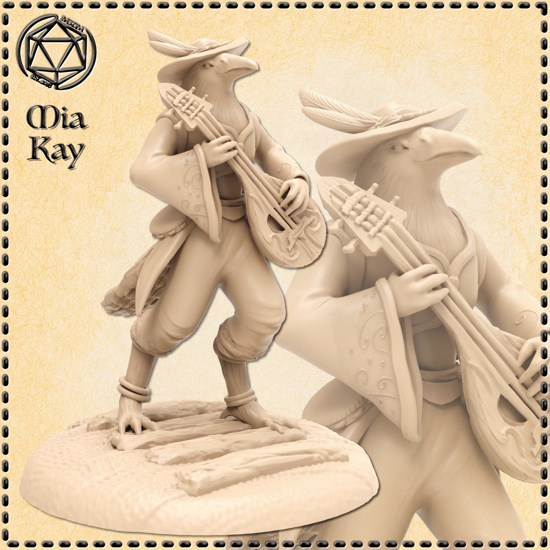 Unpainted resin miniature of a birdfolk bard with a sharp avian beak and wide-brimmed feathered hat, strumming a detailed lute, wearing layered travelling clothes with a triangular satchel, standing on a textured rocky base — 32mm scale tabletop miniature by Mia Kay M3DM