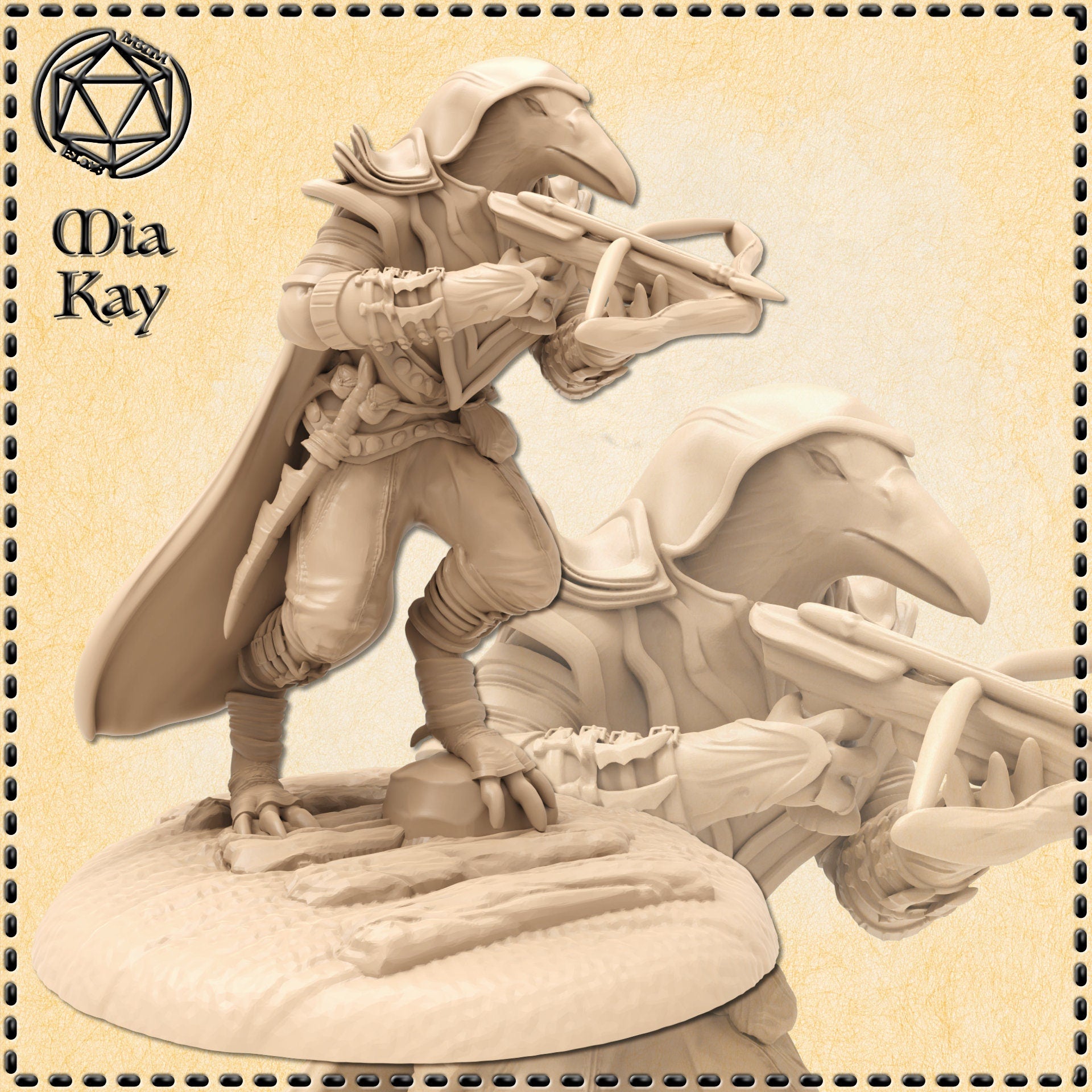 Unpainted resin miniature of a birdfolk rogue in a dynamic crouching pose, aiming a crossbow with beak lowered, wearing a belted cloak and layered leather armour, with taloned feet gripping a textured scenic base — shown as a digital render with a close-up detail inset highlighting the crossbow and avian head