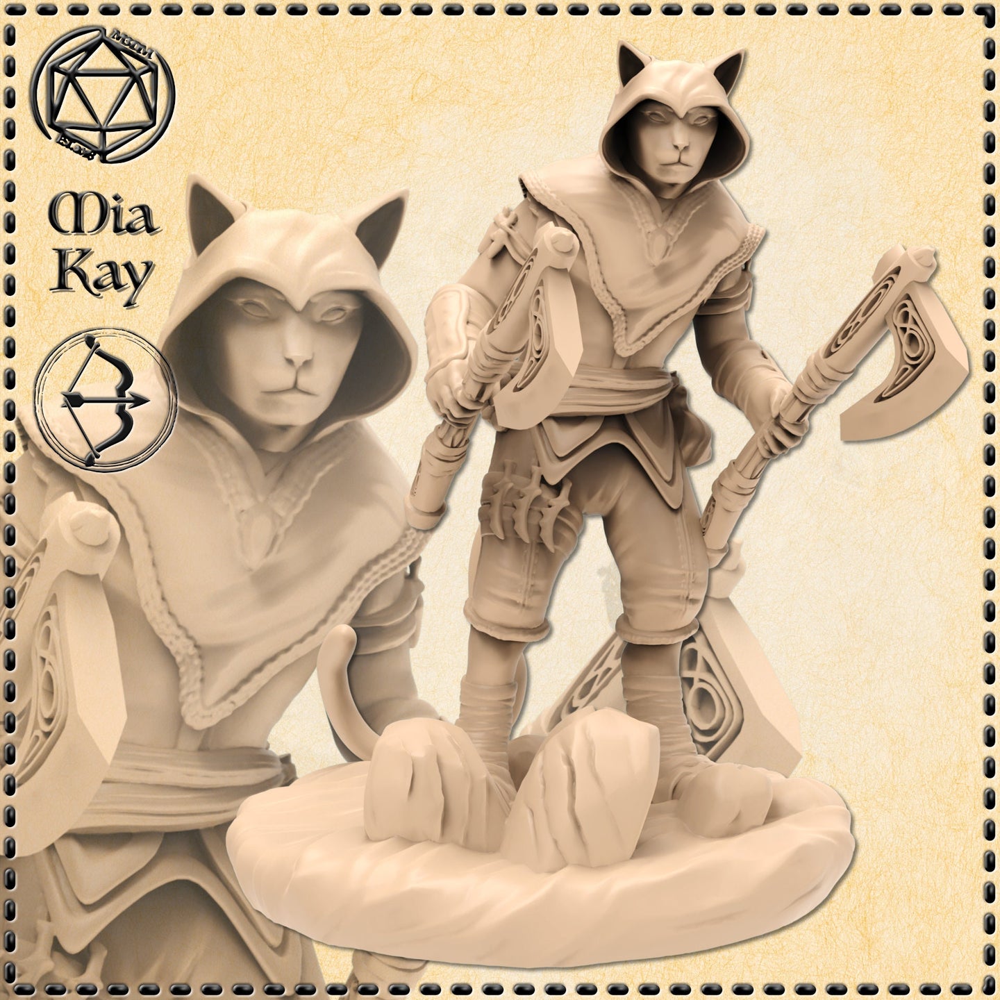 Digital render of an unpainted Catfolk Rogue miniature at 32mm scale — a hooded female cat-folk figure standing on a rocky base, wielding a hand axe in one hand and a dagger in the other, wearing detailed knotwork-etched leather armour with cat ears visible beneath her hood and a tail curled at her feet. Includes a close-up detail shot of the face and upper body.