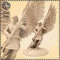 Digital render of an unpainted eaglefolk monk miniature at 32mm scale, shown from two angles — full body and close-up. The figure has a raptor's head, broad feathered wings spread wide, and grips a long staff with both hands. Wearing light wrapped armour with a braided cord belt, the mini stands on a rocky scenic base. Sculpted by Mia Kay M3DM.