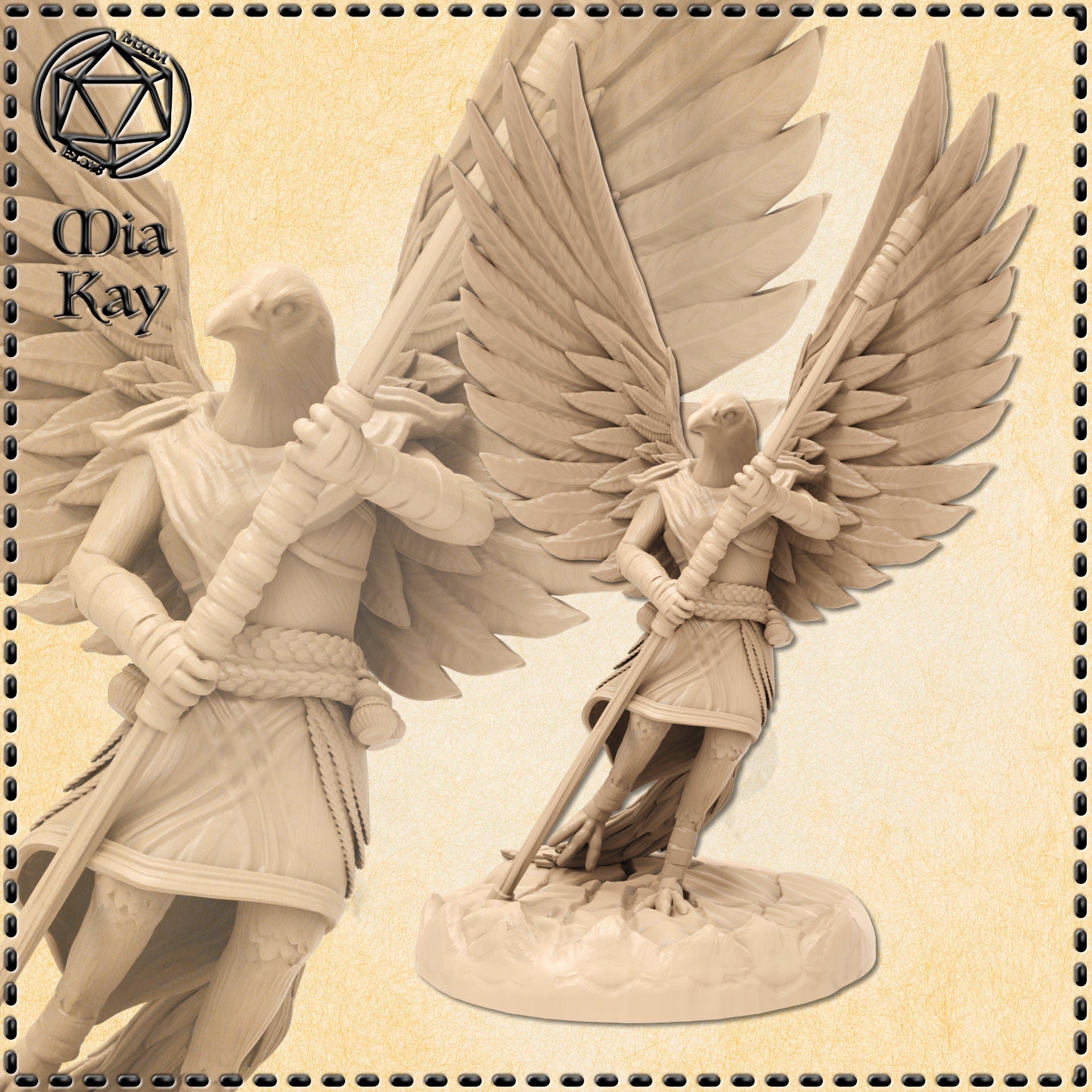 Digital render of an unpainted eaglefolk monk miniature at 32mm scale, shown from two angles — full body and close-up. The figure has a raptor's head, broad feathered wings spread wide, and grips a long staff with both hands. Wearing light wrapped armour with a braided cord belt, the mini stands on a rocky scenic base. Sculpted by Mia Kay M3DM.