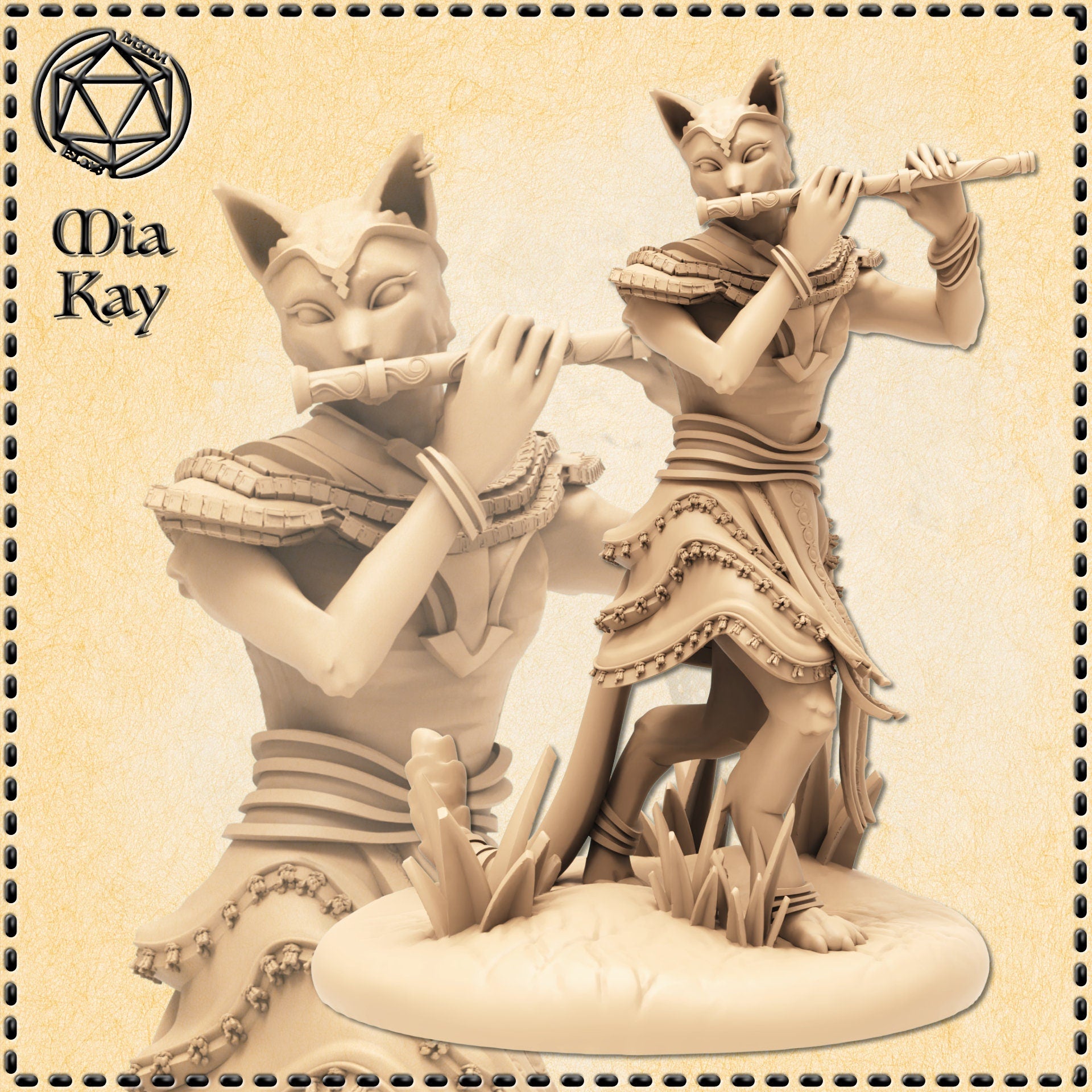Digital render of two unpainted catfolk bard miniatures by Mia Kay M3DM — both figures are feline humanoids playing a flute, one seated on a plain base and one standing on a crystal and grass base, wearing layered tasselled garb and light shoulder armour, shown in warm sandy resin tone at 32mm scale