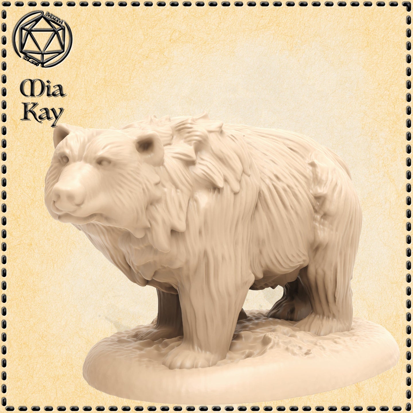 Unpainted resin miniature of a bear in a steady walking pose, head lowered, with detailed shaggy fur and leaves caught along its back, mounted on a textured oval base — digital render by Mia Kay M3DM