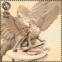 Digital render of an unpainted gryphon miniature by Mia Kay M3DM — wings spread wide mid-landing, feathered crest raised, muscular lion hindquarters tensed with talons gripping a rocky base, beak angled downward in a predatory pose, 32mm scale