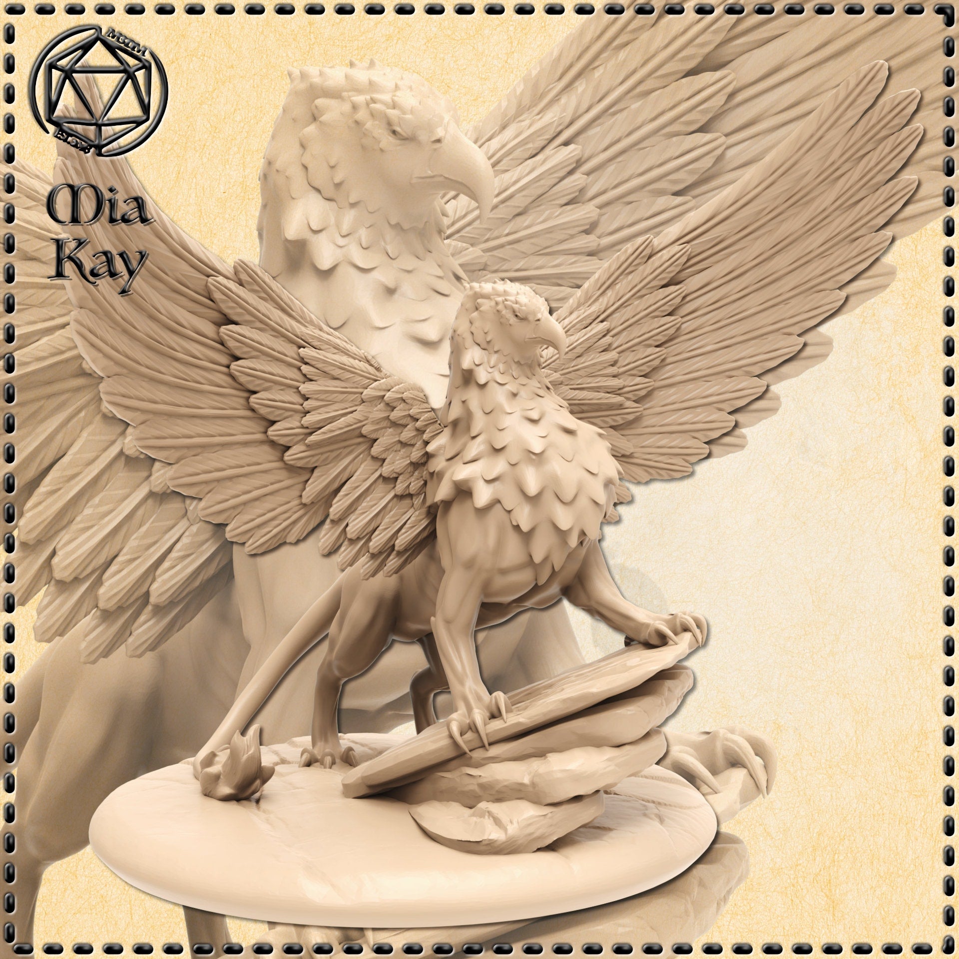 Digital render of an unpainted gryphon miniature by Mia Kay M3DM — wings spread wide mid-landing, feathered crest raised, muscular lion hindquarters tensed with talons gripping a rocky base, beak angled downward in a predatory pose, 32mm scale