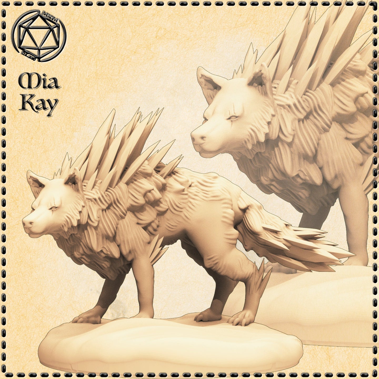 Digital render of a winged winter wolf miniature by Mia Kay M3DM, shown in two angles — a full-body view of the beast standing alert on an oval base, and a close-up of its head and wing detail. The creature has layered feathered wings, quill-like spines along its back, and thick textured fur. Unpainted grey resin render at 32mm scale.