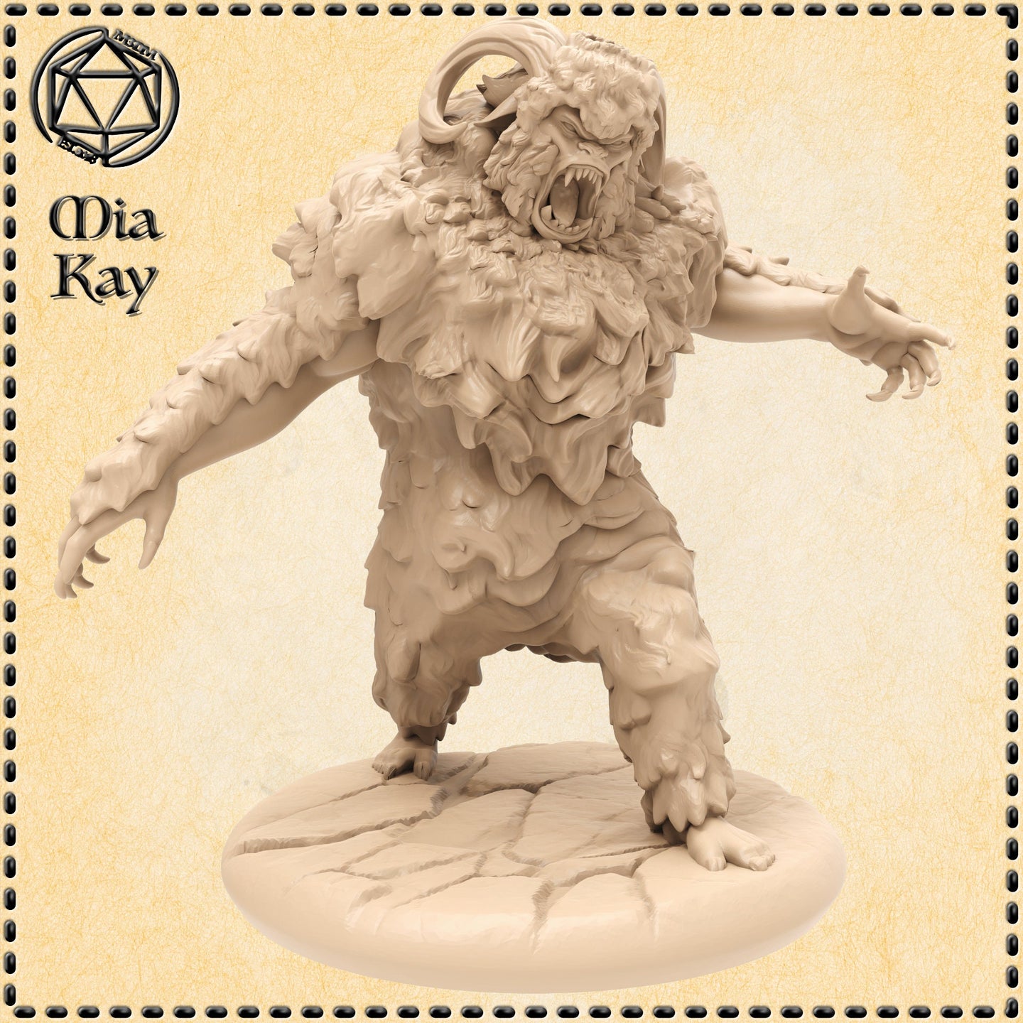 Unpainted cream resin digital render of a Yeti miniature by Mia Kay M3DM — a large horned beast with dense fur, spined arms, open roaring mouth, and outstretched claws, posed mid-charge on a cracked stone base at 32mm scale