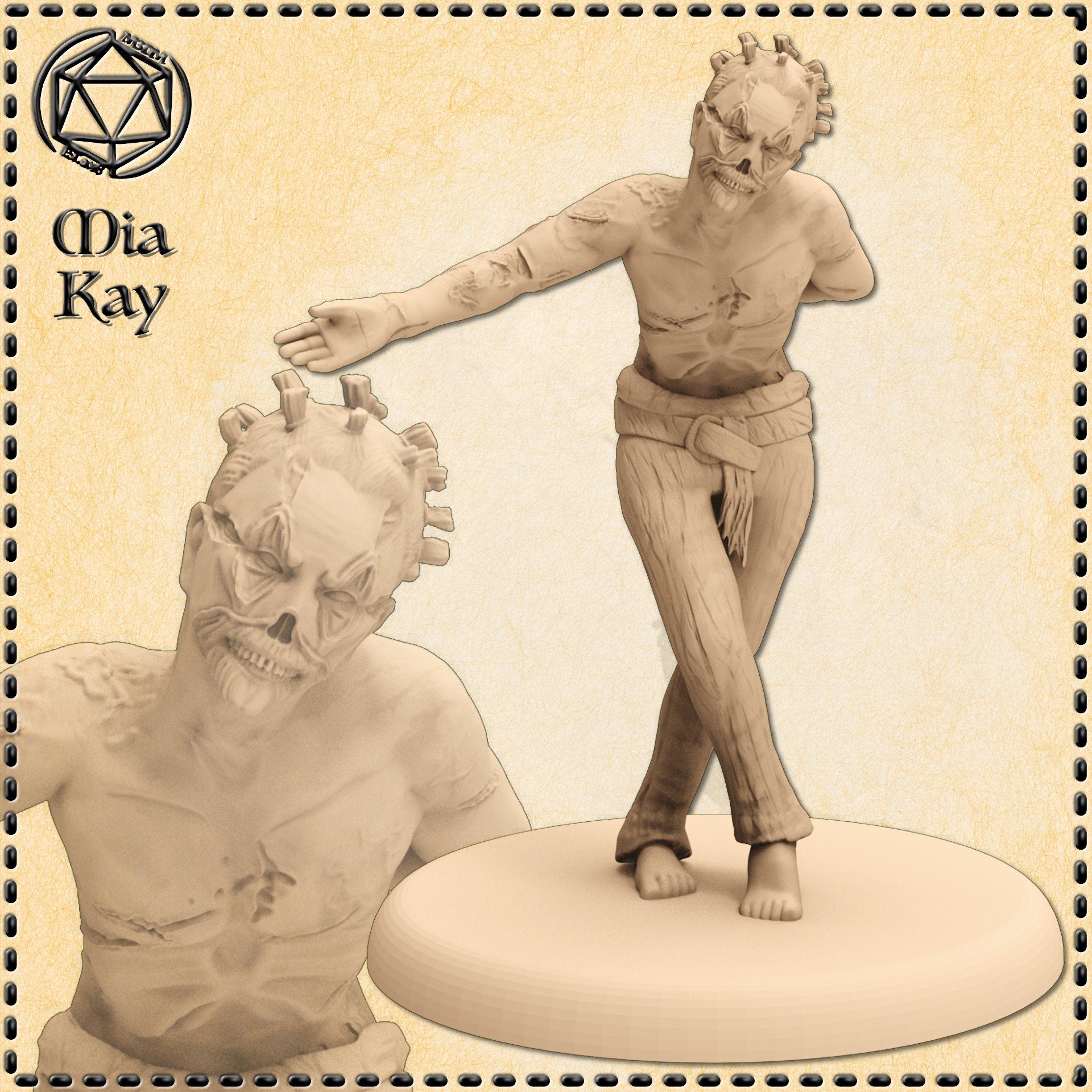 Digital render of the Face Stealer miniature by Mia Kay M3DM — an unpainted, bare-chested humanoid horror with a skull-like masked face, bony crown protrusions, one arm outstretched with open hand, barefoot and wearing tattered trousers, mounted on a plain oval base. A detailed bust close-up is shown in the foreground left.
