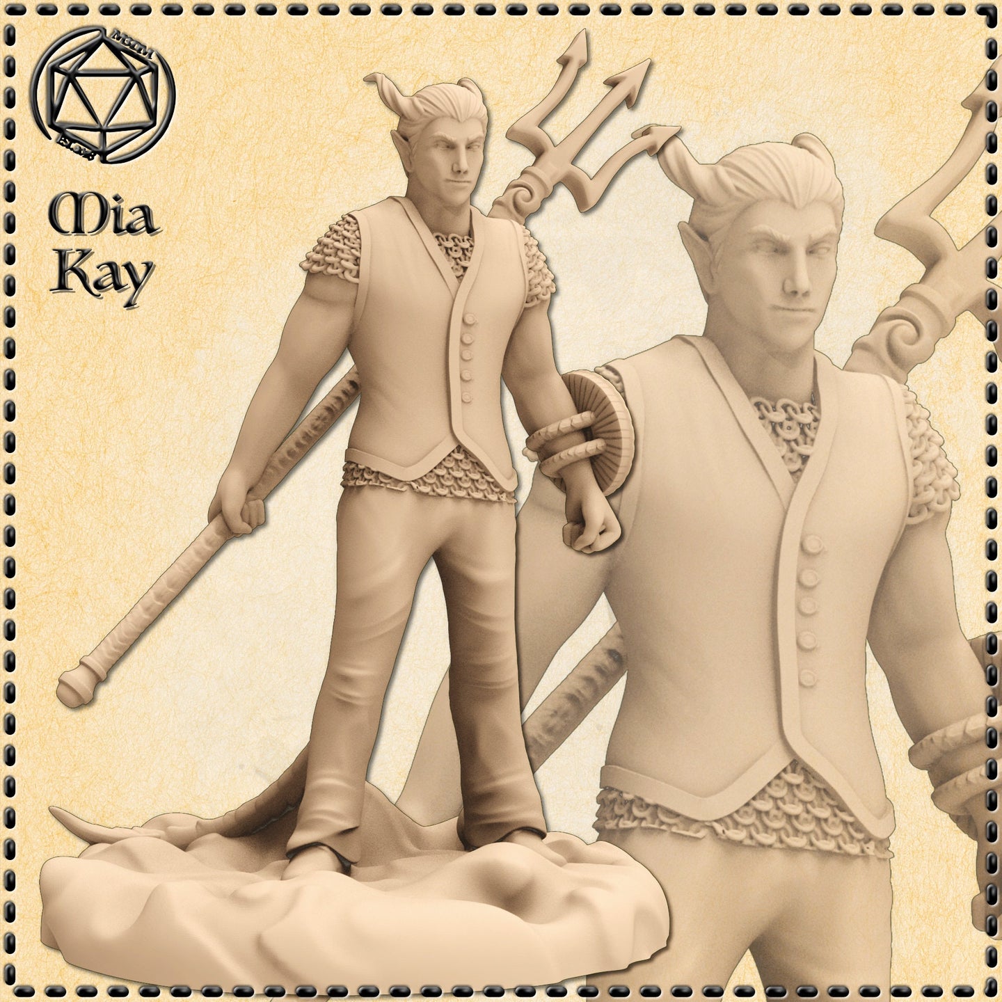 Digital render of an unpainted tiefling cleric miniature at 32mm scale, shown in two angles — front and close-up. The figure wears a buttoned waistcoat over fish-scale chainmail, holds a carved wooden staff in one hand, and carries an ornate trident in the other. He has pointed ears, short swept-back horns, and a calm, composed expression. The base depicts a rocky coastal outcrop. Sculpted by Mia Kay M3DM.