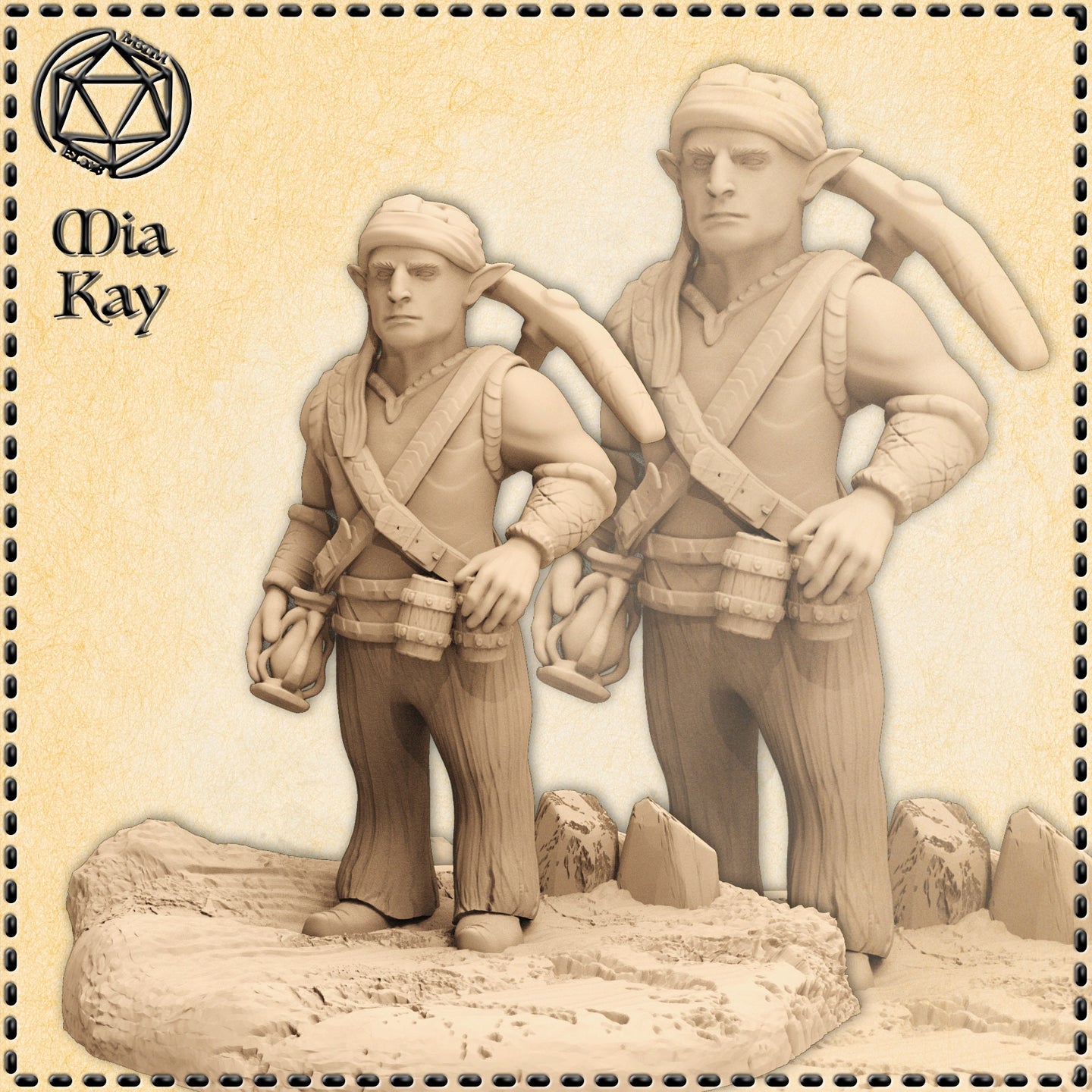 Digital render of an unpainted Cave Gnome miner miniature at 32mm scale, shown in two sizes for scale comparison — the gnome wears a bandana, crossed shoulder straps, and carries a pickaxe over one shoulder with a small barrel at his belt, posed on a rocky sandy base
