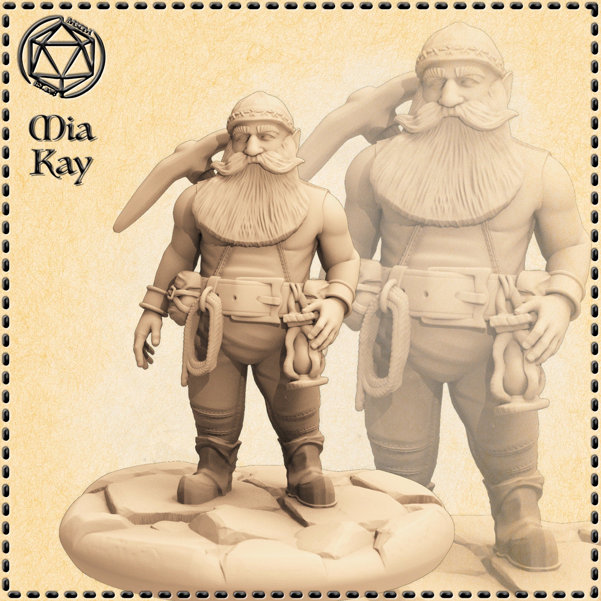 Digital render of an unpainted dwarf miner miniature at 32mm scale, sculpted by Mia Kay M3DM. The stocky male dwarf stands confidently with a dagger resting over his right shoulder, a heavy tool belt hung with coiled rope and climbing gear around his waist, and a large braided beard and moustache. He wears a close-fitting cap and sturdy boots. The miniature is shown on a detailed scenic base with a larger background render for scale reference.