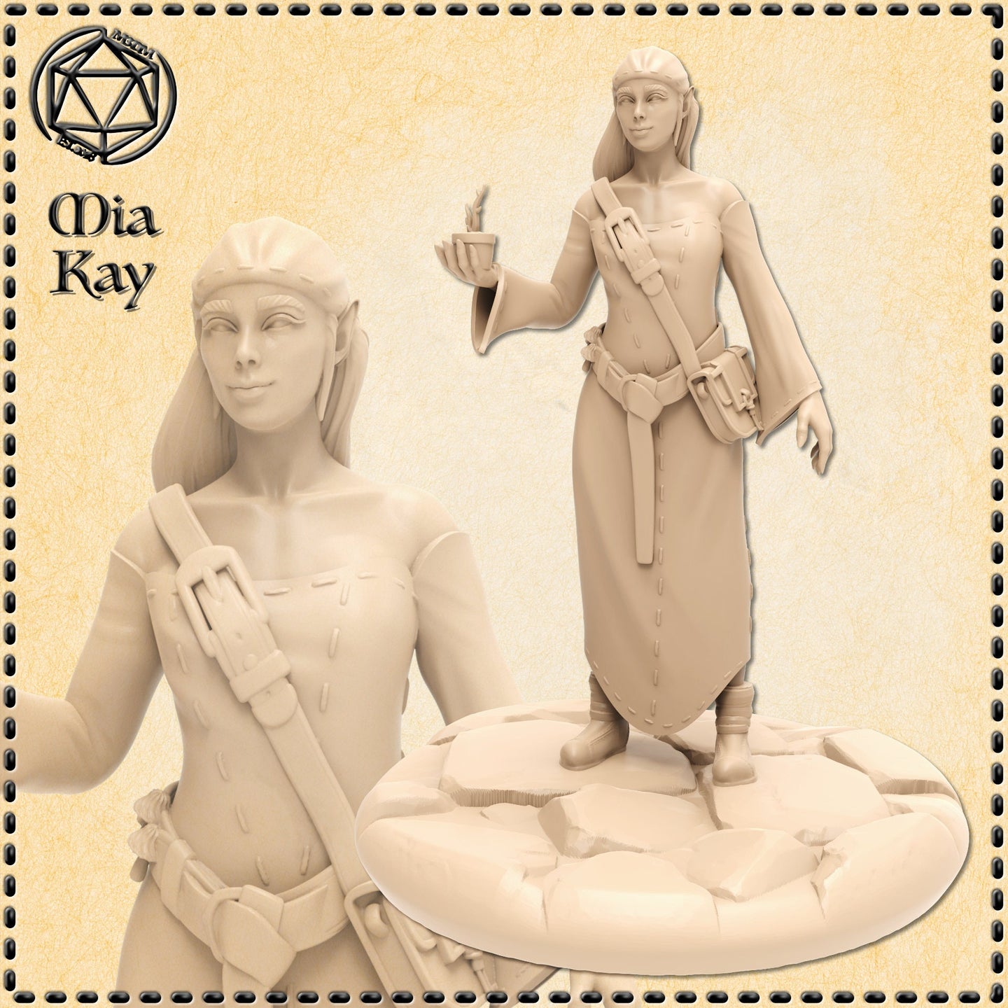 Unpainted resin miniature of a female elf botanist at 32mm scale, shown in two views — full body and close-up bust. She stands in a relaxed pose, one hand raised holding a small steaming cup or vial, wearing long belted robes with a crossbody satchel strap and belt pouches. Her long hair is held back by a simple headband and her pointed ears are clearly visible. She stands on a sculpted oval base resembling draped cloth or bundled fabric. Digital render in warm cream resin tone. Artist logo for Mia Kay M3DM