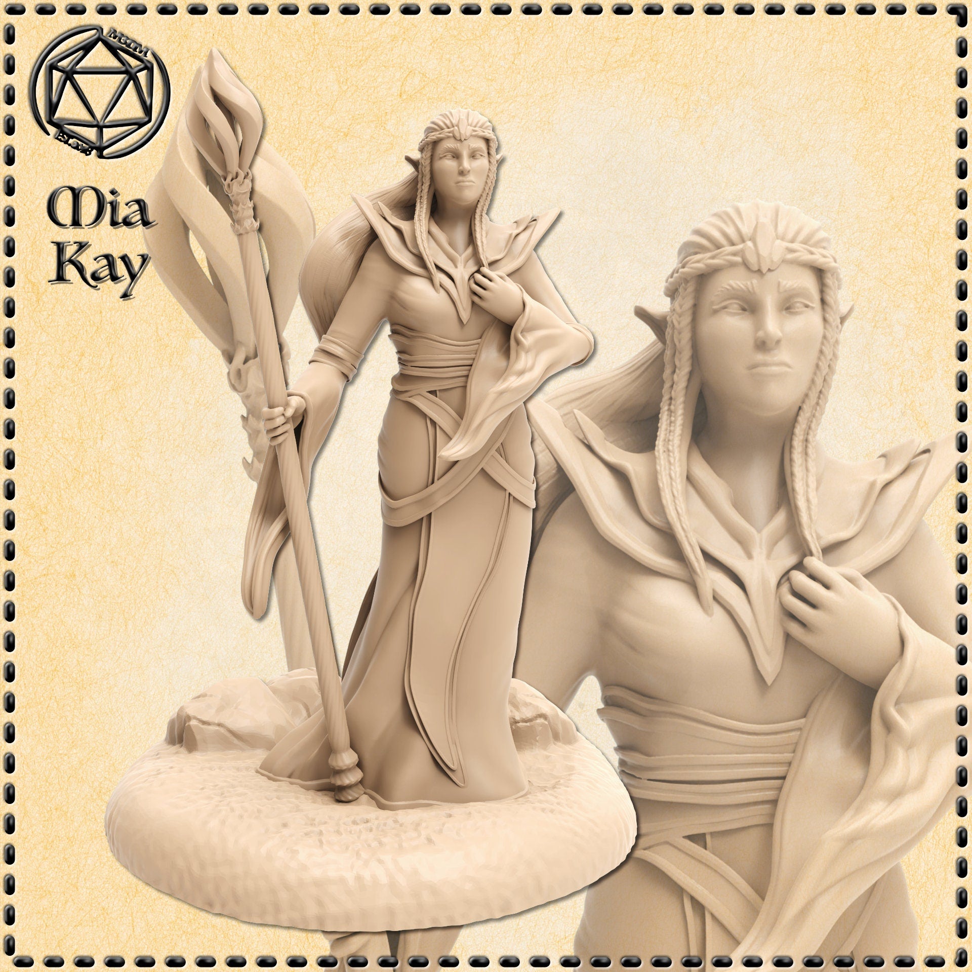 Unpainted resin render of a female elf sorceress miniature at 32mm scale, holding a tall leaf-tipped wooden staff in her left hand with her right hand resting on her chest. She wears layered flowing robes with a wide collar, and her long hair is styled in braided rows. The base is detailed with scattered rocks. A close-up inset shows the expressive face and braided hairstyle in fine detail. Sculpted by Mia Kay M3DM.