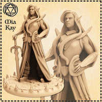 Digital render of an unpainted elven paladin miniature by Mia Kay M3DM — female elf in long robes and fitted armour, a vine or serpentine binding coiled across her chest and shoulder, holding a curved elven blade at her side, standing on a rocky spike-studded base, shown from full-body and close-up bust angles