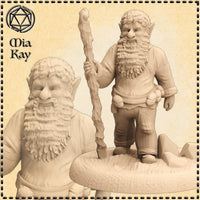 Digital render of an unpainted forest gnome miniature by Mia Kay M3DM, shown from two angles — a close-up of the bearded face with pointed ears and wild curly hair, and a full-body view of the stout gnome standing upright holding a gnarled wooden staff, wearing a belted tunic with pouches at the waist, on a scenic mossy base