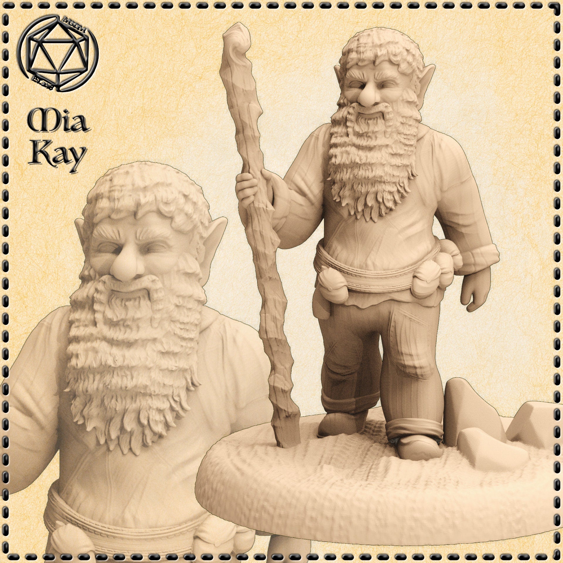 Digital render of an unpainted forest gnome miniature by Mia Kay M3DM, shown from two angles — a close-up of the bearded face with pointed ears and wild curly hair, and a full-body view of the stout gnome standing upright holding a gnarled wooden staff, wearing a belted tunic with pouches at the waist, on a scenic mossy base