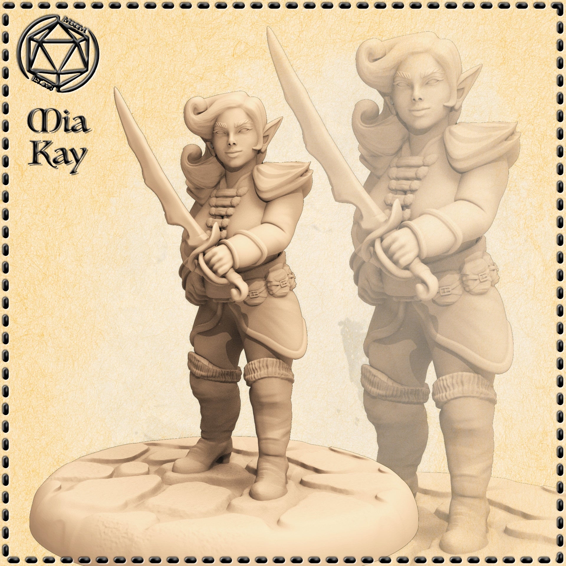 Digital render of an unpainted gnome rogue miniature at 32mm scale, shown in two angles. She stands in a two-handed sword guard pose, wearing layered travelling clothes, a buckled belt, and cuffed boots. Her expression is a confident smirk, with pointed ears and wild curling hair. The base is a flat oval cobblestone design.