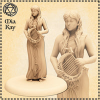 Digital render of an unpainted half-elf bard miniature at 32mm scale, standing barefoot in a flowing gown with knotwork detailing, cradling a rune-inscribed lyre with eyes closed in performance. Close-up detail inset shows the elven script on the lyre and the character's serene expression.