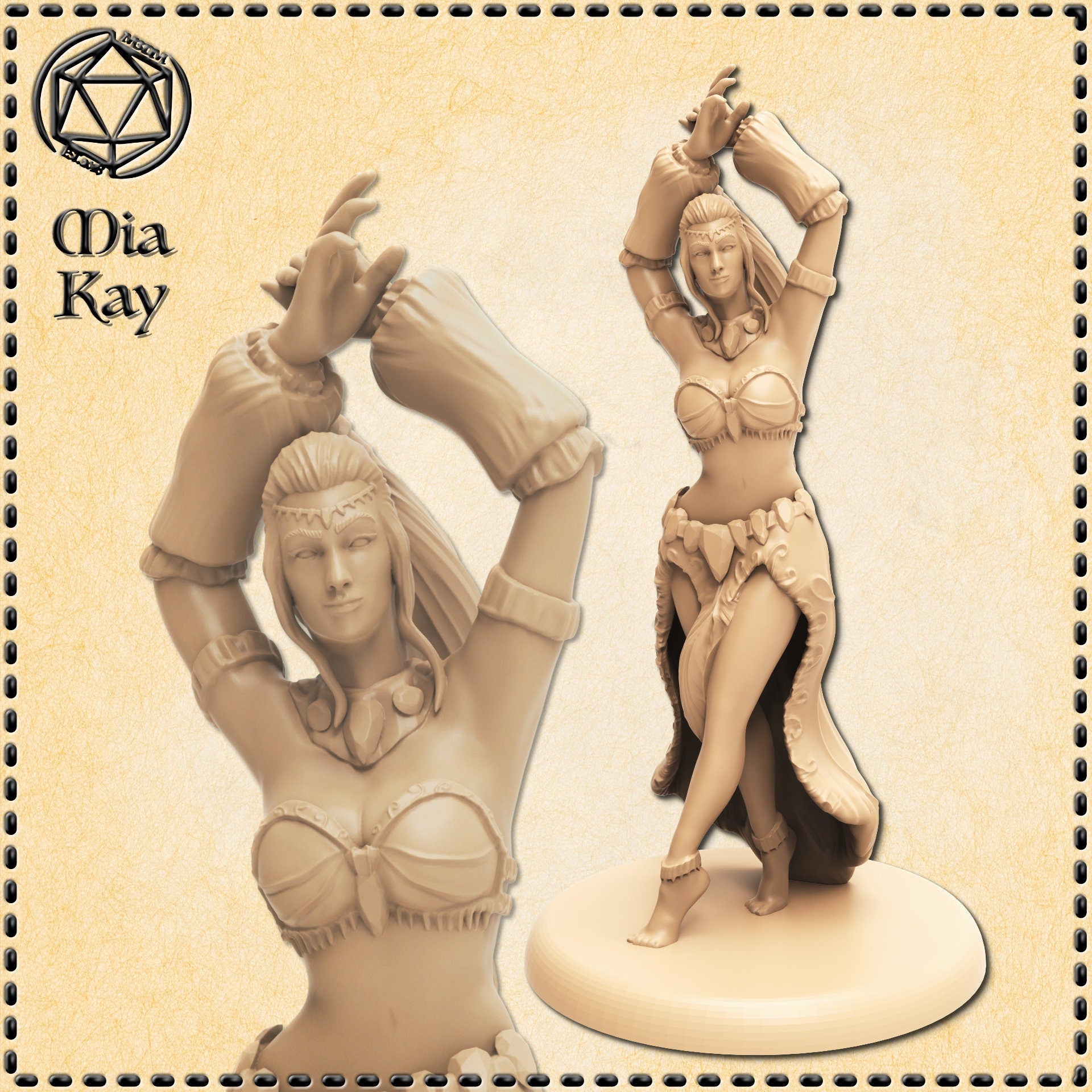 Unpainted resin miniature of a belly dancer by Mia Kay M3DM — arms raised overhead with fingers curled, wearing a jewelled crop top, layered hip scarves, flowing split skirt, and anklets, with a crescent headpiece and drop earrings, shown in a warm sandy tone on a round base alongside a close-up detail of the face and upper body