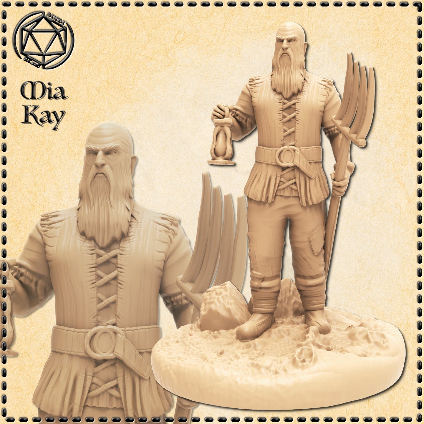 Digital render of an unpainted human farmer miniature — bald, broad-shouldered man with a long beard, holding a lantern in one hand and a scythe over his shoulder, wearing a laced tunic and wrapped boots, standing on a rocky scenic base. Sculpted by Mia Kay M3DM, shown in a warm tan resin colour.