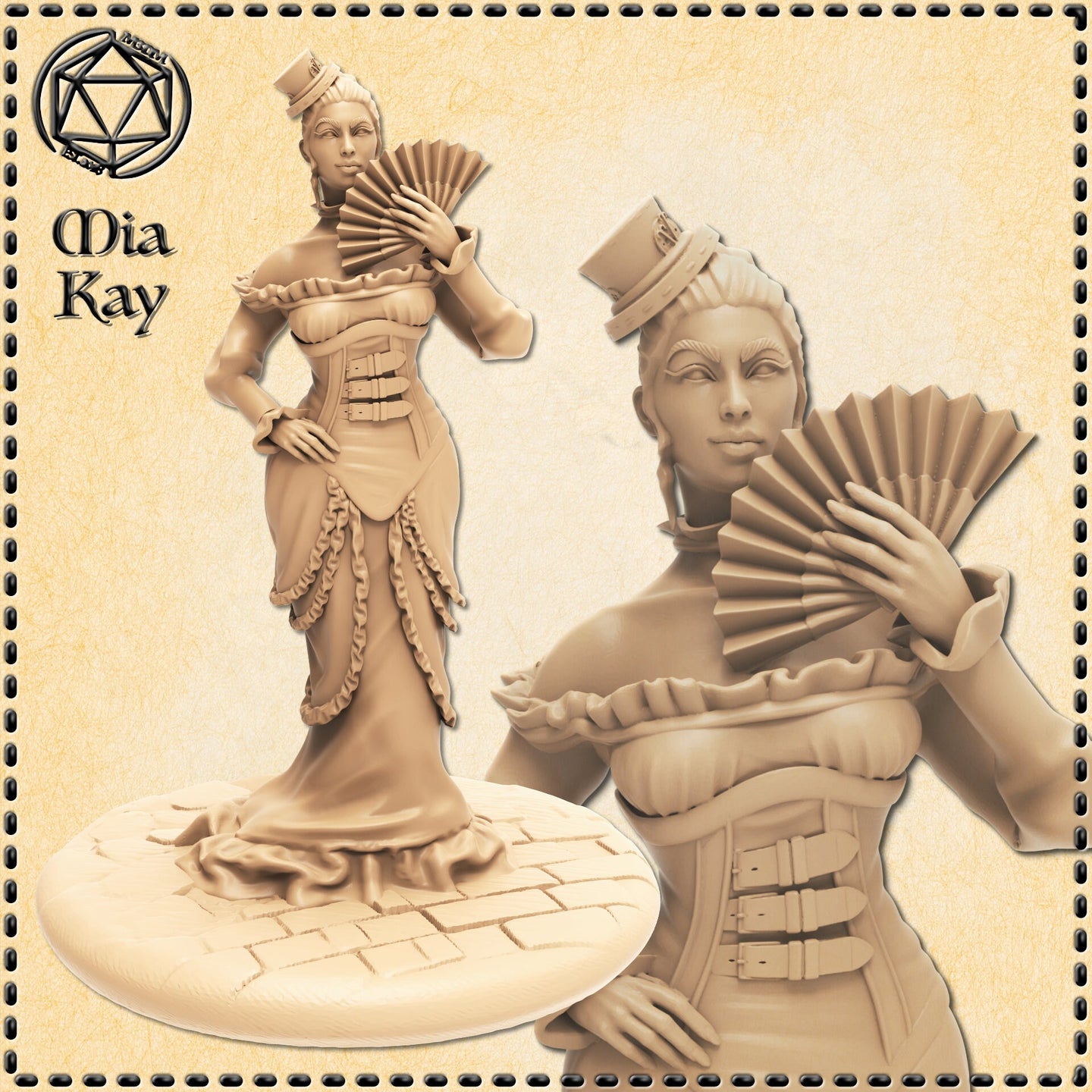 Digital render of the Mia Kay Human Noble miniature — an unpainted 32mm figure of a woman in a Victorian-style corseted bustle gown with layered ruffles, a small top hat pinned in her upswept hair, and a decorative fan raised to her lips. The left panel shows the full figure on a sculpted cobblestone oval base; the right panel is a close-up of her face and upper body showing detailed corset buckles and fan pleating.