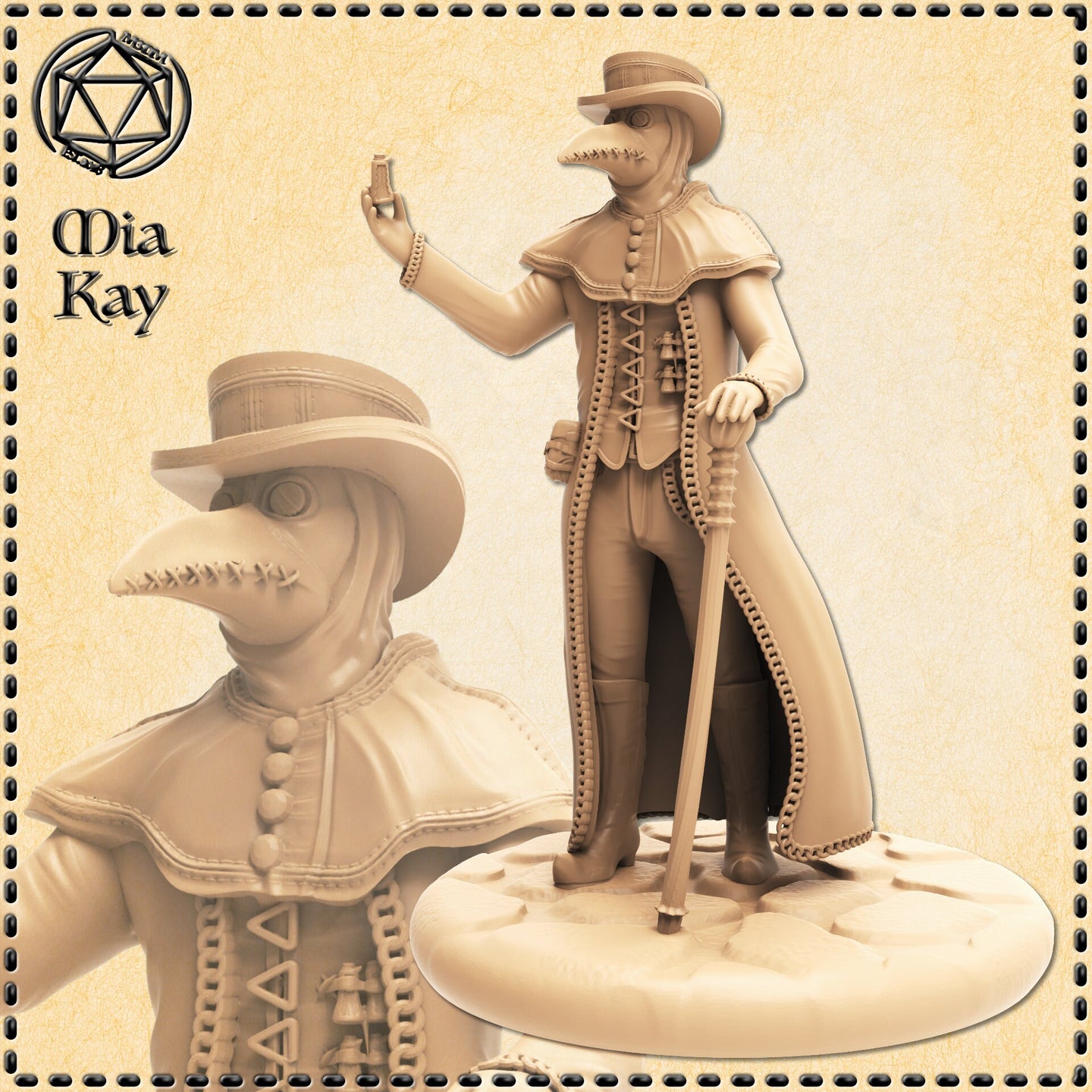 Unpainted resin render of the Mia Kay M3DM Plague Doctor miniature at 32mm scale, showing a figure in a long lace-trimmed coat and broad-brimmed hat wearing a stitched beaked plague mask, one hand raised holding a small vial and the other resting on a tall walking staff, with triangular alchemical symbols down the front of the coat and a close-up detail inset of the beaked mask in the lower left corner