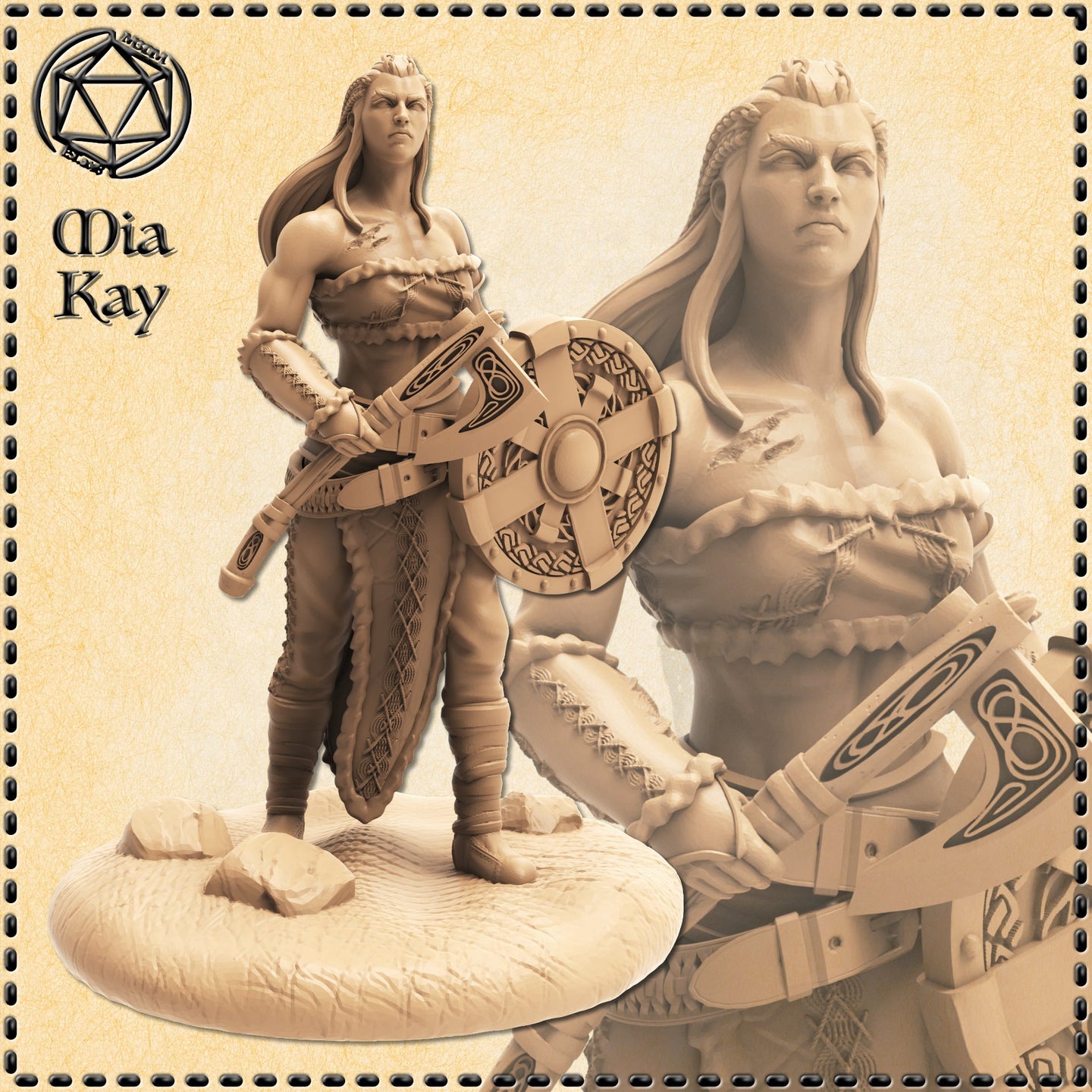 Unpainted resin miniature of a female human shield maiden at 32mm scale — a muscular warrior with long flowing hair, wearing fur-trimmed leather armour, holding a Celtic knotwork-engraved round shield and a decorated mace, mounted on a rocky scenic base. Digital render by Mia Kay M3DM.