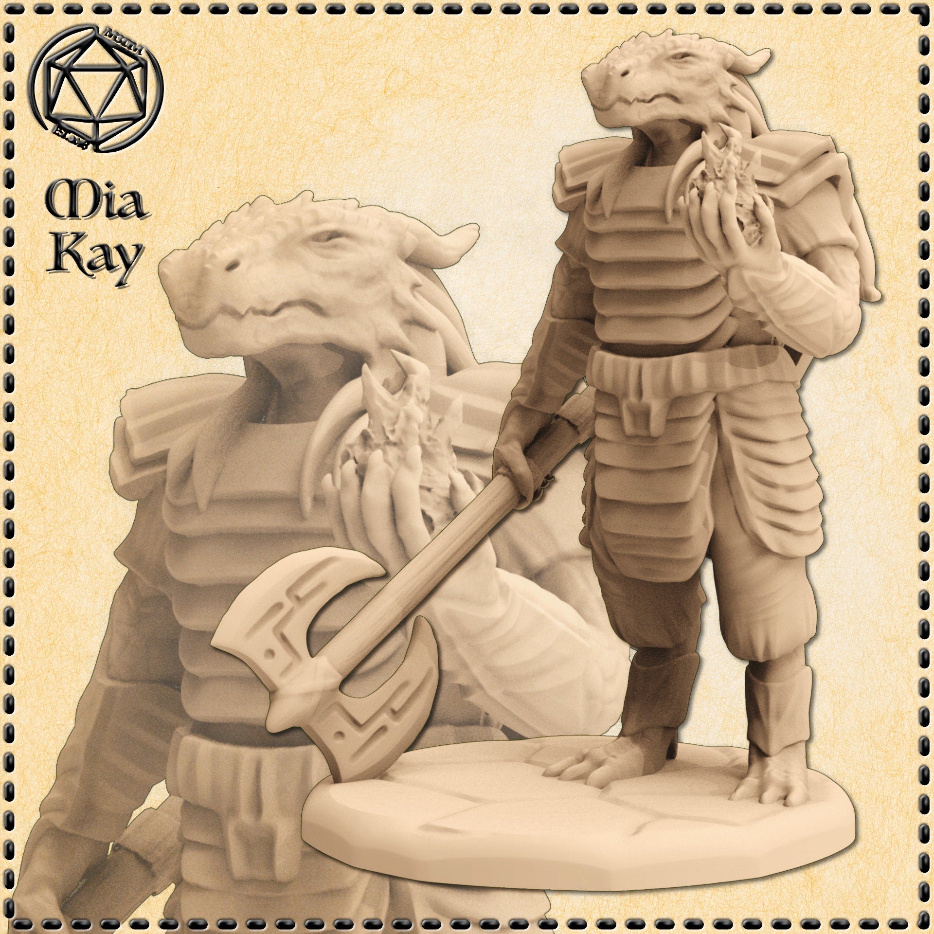 Unpainted resin render of a Dragonborn Eldritch Knight miniature at 32mm scale, shown in two views: a full-body shot of the armoured dragonborn warrior standing upright, holding a rune-etched battle axe in one hand and a small creature or arcane focus aloft in the other, wearing segmented layered armour with prominent pauldrons; and a close-up bust view showing the detailed reptilian face, curved horns, and chest armour. Sculpted by Mia Kay M3DM.