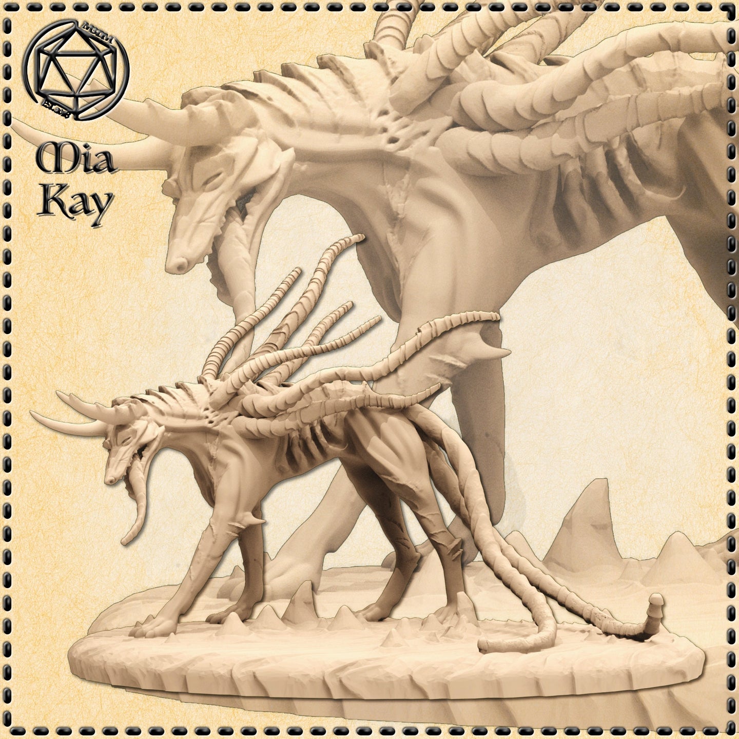 Unpainted cream resin digital render of the Death Hound miniature by Mia Kay M3DM, showing a gaunt horned beast with a skull-like muzzle and a mass of segmented tentacles erupting from its back, posed on a rocky terrain base. A larger version of the creature looms in the background for scale context.