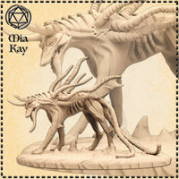 Unpainted cream resin digital render of the Death Hound miniature by Mia Kay M3DM, showing a gaunt horned beast with a skull-like muzzle and a mass of segmented tentacles erupting from its back, posed on a rocky terrain base. A larger version of the creature looms in the background for scale context.