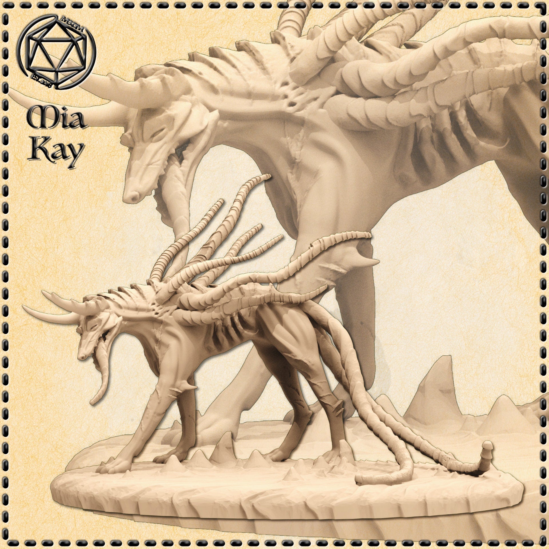 Unpainted cream resin digital render of the Death Hound miniature by Mia Kay M3DM, showing a gaunt horned beast with a skull-like muzzle and a mass of segmented tentacles erupting from its back, posed on a rocky terrain base. A larger version of the creature looms in the background for scale context.