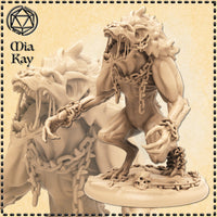 Digital render of an unpainted Gnoll Lord miniature by Mia Kay M3DM, shown in a warm sandy resin tone. The creature is in a powerful lunging pose with its fanged jaws wide open in a roar, heavy chains looped around its neck and gripped in both clawed hands. A skull sits at the base of the scenic round base. A close-up of the snarling head and chain-wrapped fist is shown to the left.