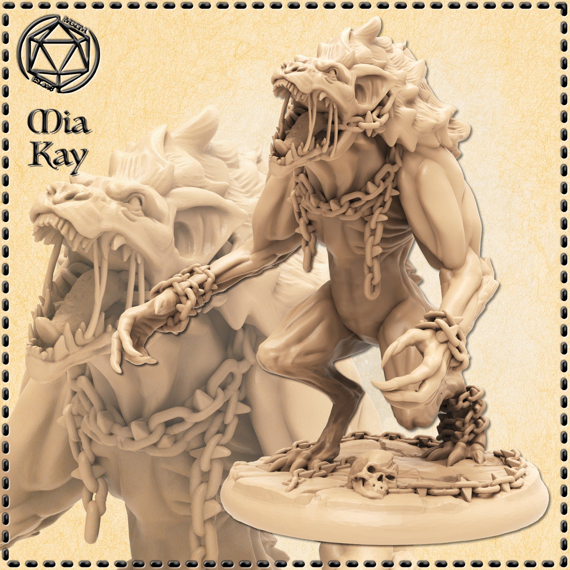 Digital render of an unpainted Gnoll Lord miniature by Mia Kay M3DM, shown in a warm sandy resin tone. The creature is in a powerful lunging pose with its fanged jaws wide open in a roar, heavy chains looped around its neck and gripped in both clawed hands. A skull sits at the base of the scenic round base. A close-up of the snarling head and chain-wrapped fist is shown to the left.