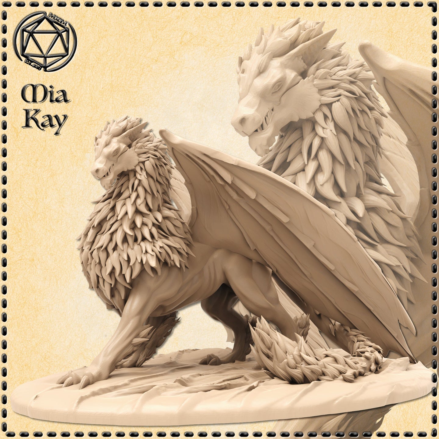 Digital render of an unpainted Lion Drake miniature by Mia Kay M3DM, shown in a warm sandy resin tone. The creature is in a low predatory crouch with a dense feathered mane, broad leathery wings half-spread, and powerful lion-like haunches. Two scale variants are shown side by side on a sculpted rocky base, displayed against a parchment-style background.