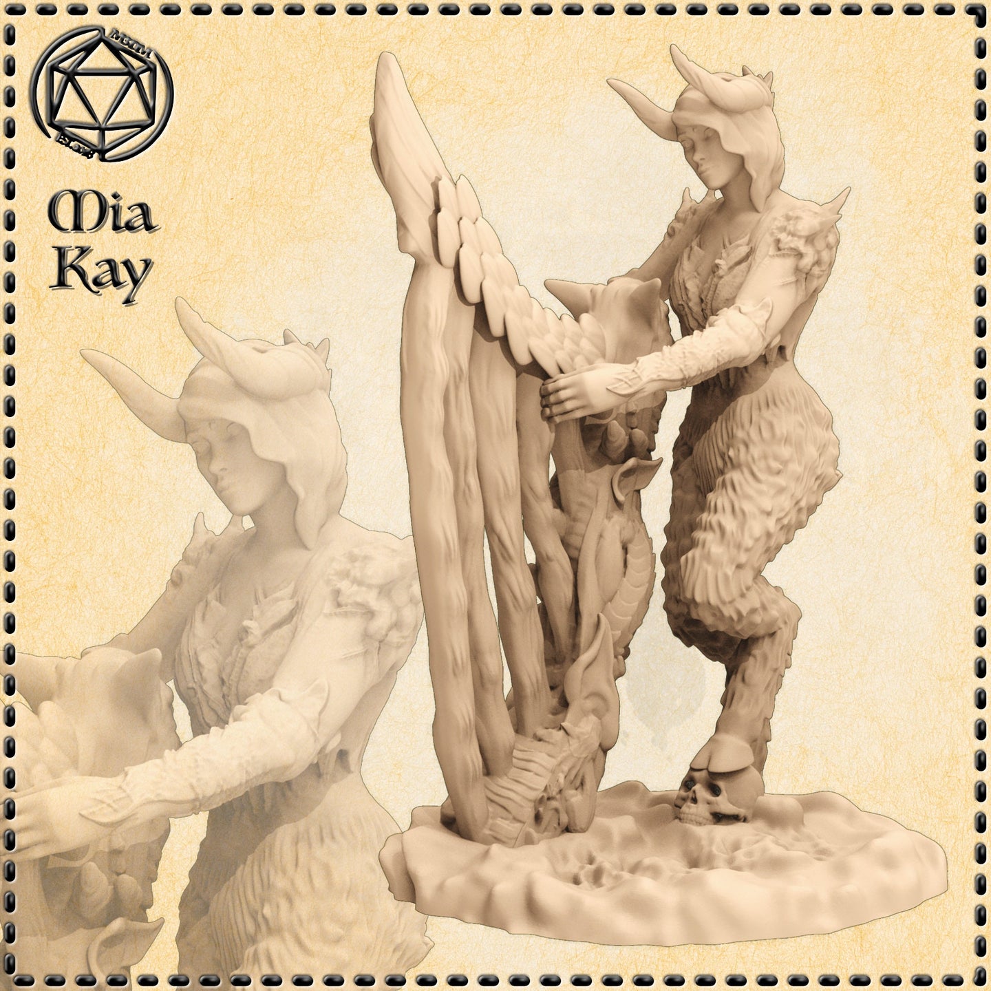 Unpainted resin miniature of the Monster Queen by Mia Kay M3DM — a horned female demon with goat legs and scaled armour, gripping a large feathered wing trophy, standing over a scenic base scattered with a draconic skull and bones, printed at 32mm scale