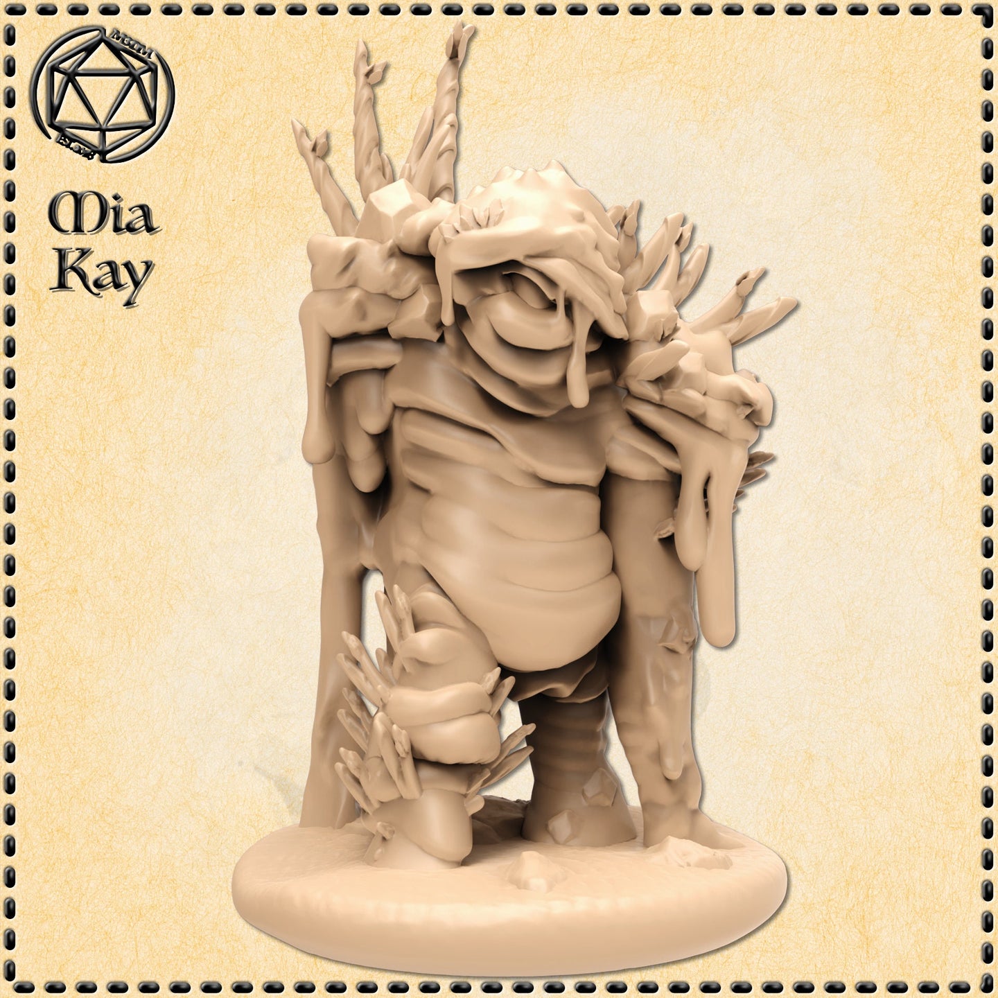 Unpainted resin digital render of a Mud Elemental miniature at 32mm scale by Mia Kay M3DM — a hunched, bloated creature formed from flowing mud and jagged bone-like crystalline spurs, one arm braced forward, mounted on a flat round base