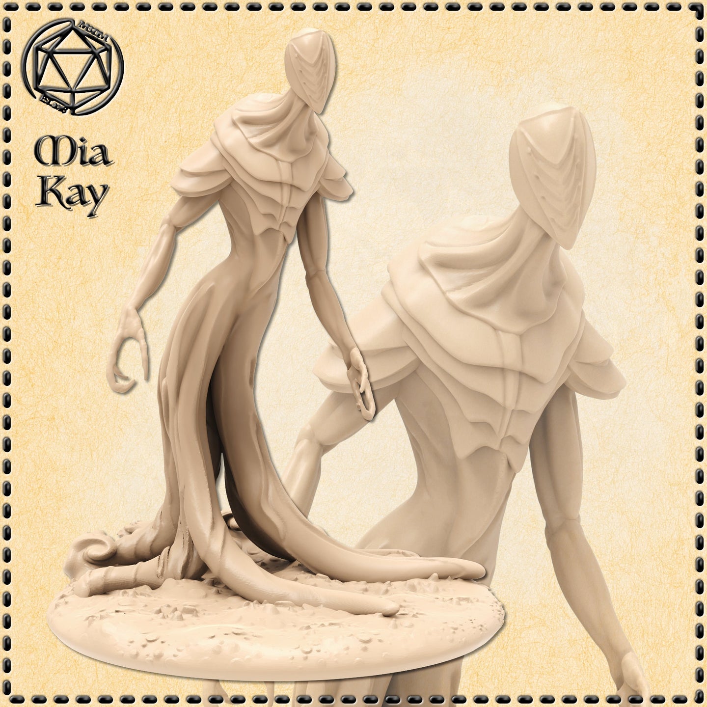 Unpainted cream resin miniature of the Ocean Reaper by Mia Kay M3DM — a tall, gaunt humanoid figure with a featureless segmented mask, chitin-like plating across the torso and shoulders, and long flowing tendrils trailing from the lower body. The figure is mid-stride with one arm raised and one hand loosely open. Shown from front and back angles on a sandy scenic base. 32mm scale.