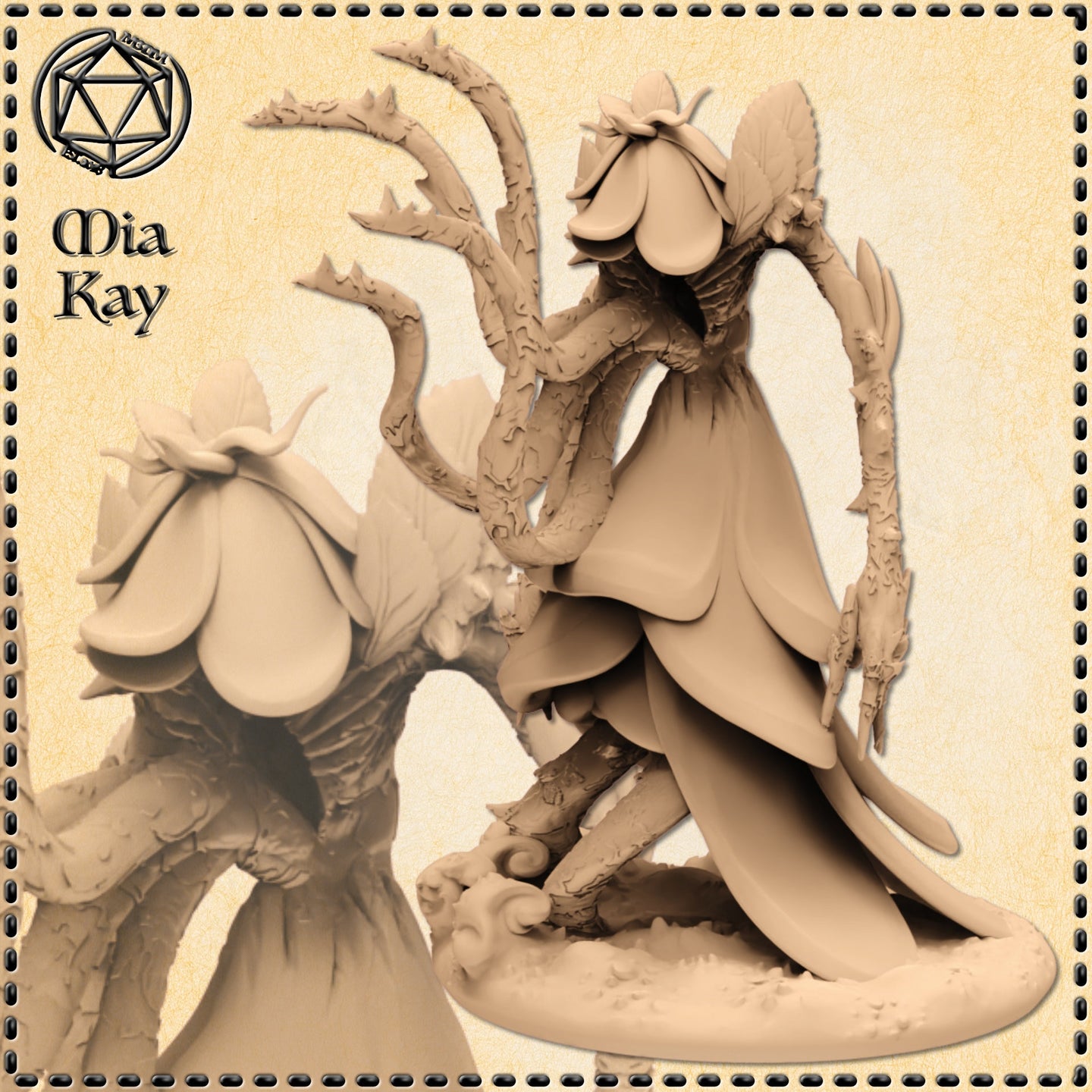 Digital render of the Rose Monster miniature by Mia Kay M3DM — an unpainted resin figure of a feminine creature in layered petal robes, her body entwined with thick thorned bramble branches, posed mid-step on a naturalistic base, shown from rear three-quarter angle with a close-up detail of the thorned brambles and petal hood inset to the left