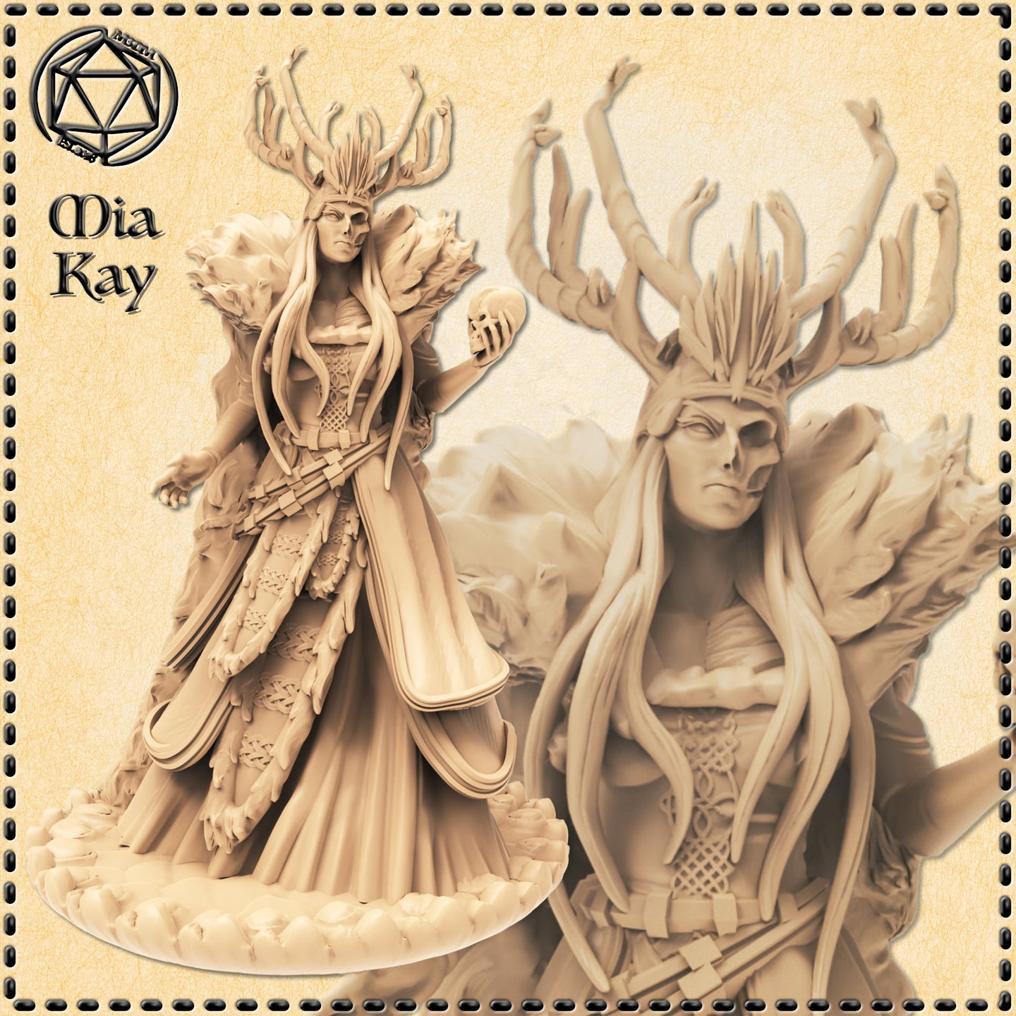 Digital render of the Hel miniature by Mia Kay M3DM — an unpainted resin sculpt of a tall female figure in flowing feathered robes with a branching antler headdress, one hand outstretched and the other holding a skull, shown in full body and close-up bust views against a parchment-toned background