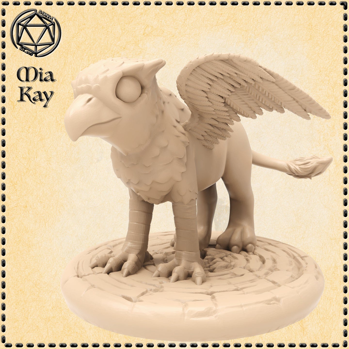Unpainted resin baby griffon miniature by Mia Kay M3DM — a young griffon with an eagle beak, wide round eyes, spread feathered wings, scaled front talons, lion hindquarters, and a tufted tail, standing on a detailed sculpted rocky base at 32mm scale