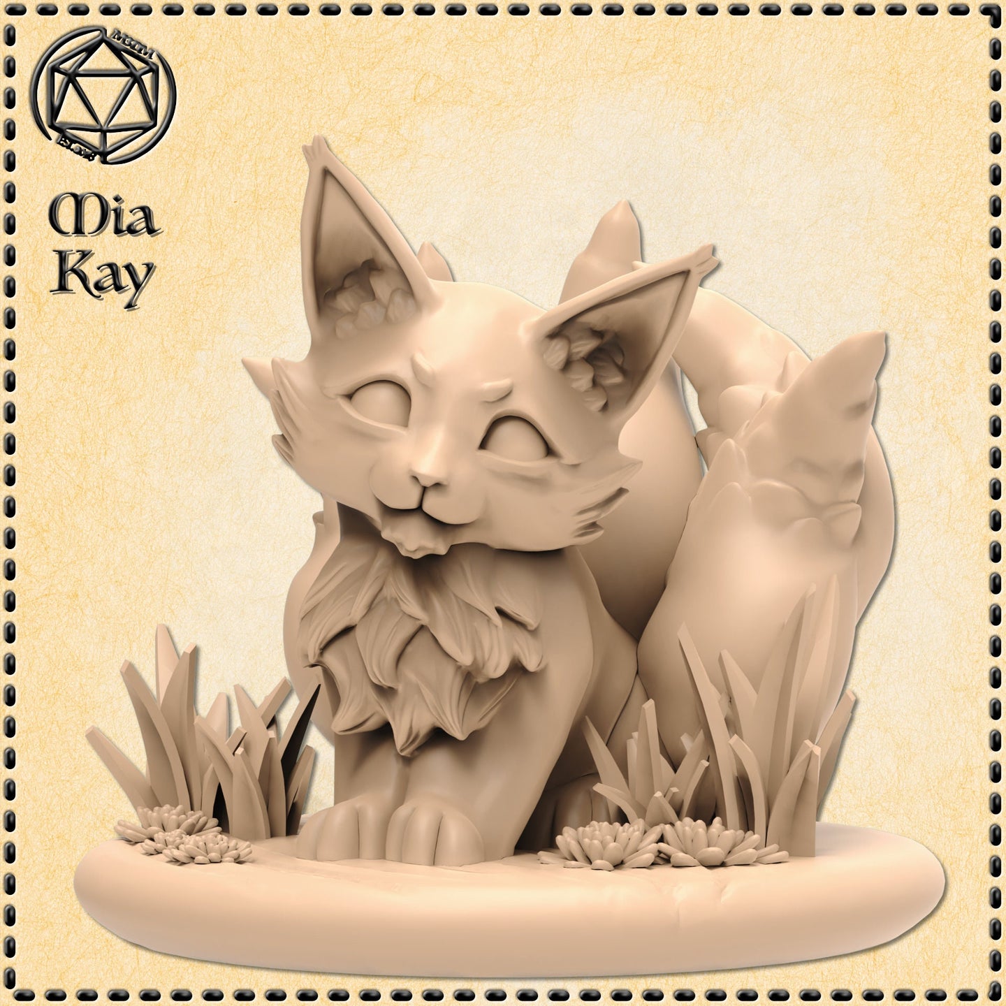 Digital render of an unpainted Baby Kitsune miniature by Mia Kay M3DM — a small seated fox spirit with closed eyes and a contented expression, fluffy chest fur, two ears and a curling tail visible, surrounded by tufts of grass and tiny flowers on a sculpted oval base, shown in warm sandy resin tone at 32mm scale