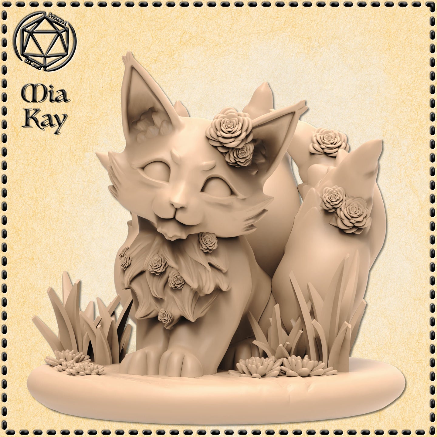 Digital render of the Baby Kitsune 02 miniature by Mia Kay M3DM — two young fox spirit kitsune nestled together on a naturalistic base decorated with crystal grass blades and small flowers. The larger figure wears clustered rose blooms on her brow, collar, and chest; the smaller has roses at the shoulder. Both have eyes closed in a serene expression. Unpainted resin render at 32mm scale.