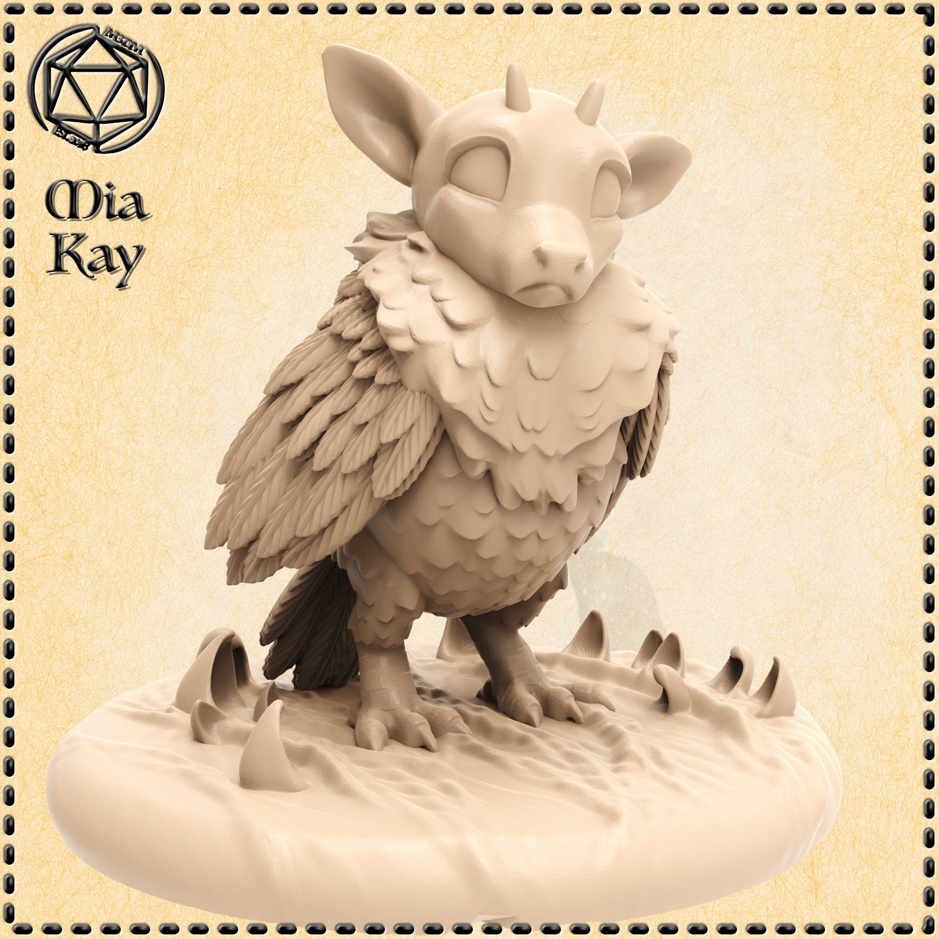 Digital render of Baby Peyton, an unpainted resin miniature of a chimeric owl-beast creature with a round feathered body, wide bovine ears, two small horns, heavy-lidded eyes, and sharp taloned feet. The mini stands on a rocky scenic base with claw marks, sculpted by Mia Kay M3DM at 32mm scale.