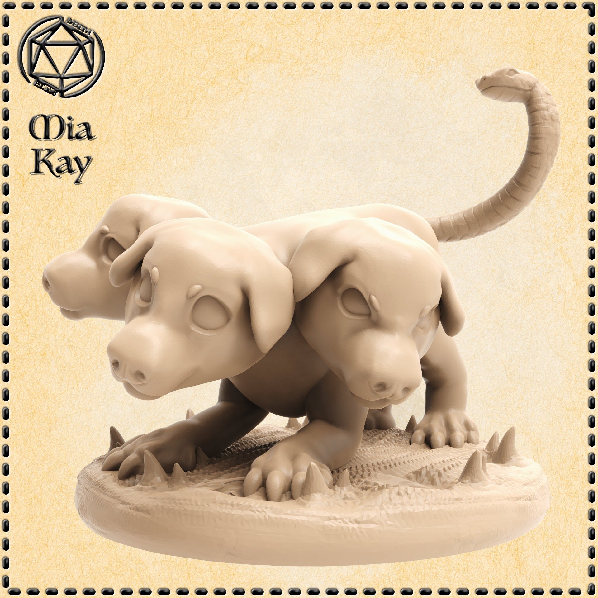 Digital render of Baby Cerberus miniature by Mia Kay M3DM — a three-headed hellhound pup sculpted in sandy beige resin tone, shown unpainted. Three blocky puppy heads cluster together on a stout body, with wide blank eyes and snub noses. A serpent-headed tail curls upward behind the figure. A row of dorsal spines runs down the back. The sculpted round base features stone fragments and emerging spines. Shown against a parchment-toned decorative border with the artist logo in the top left corner.