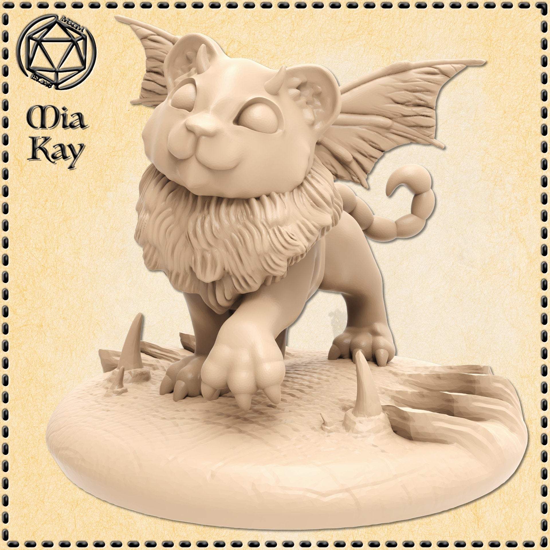 Unpainted resin render of a baby manticore miniature by Mia Kay M3DM — a stocky winged lion cub with a curled scorpion tail, in a low prowling pose with one clawed paw extended over a rocky scenic base scattered with broken stone shards, printed at 32mm scale