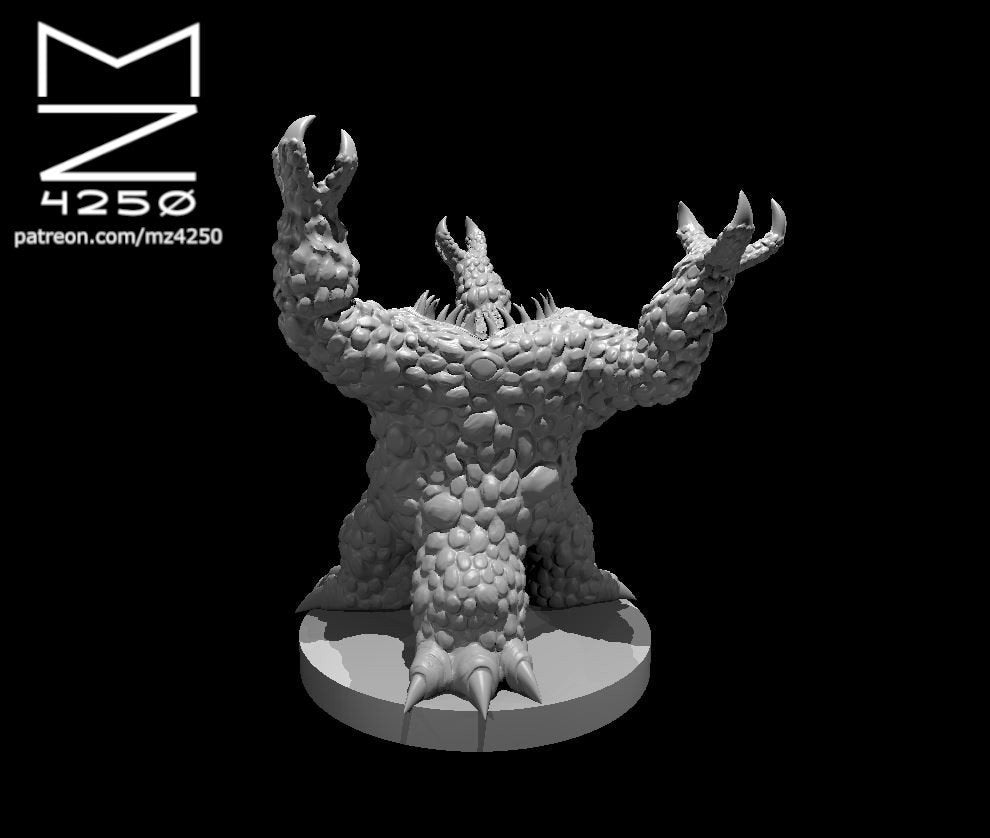 Grey resin digital render of a Xorn miniature at 32mm scale — a squat, heavily scaled Elemental creature with three raised arms ending in curved claws, a crown of spines, a tripartite mouth on its torso, and splayed three-toed feet on a round base, by MZ4250