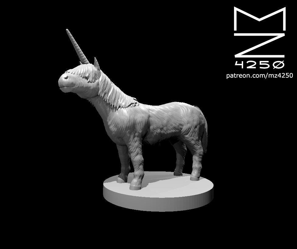 Grey unpainted resin digital render of a MZ4250 unicorn miniature at 32mm scale — a stocky, heavily-coated horse with a spiralled horn, standing alert on a round base, facing left