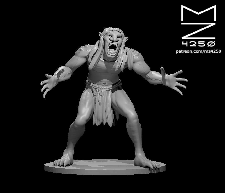 Grey unpainted resin render of a troll miniature by MZ4250, shown in a wide threatening stance with arms spread and clawed hands outstretched, jaws open in a roar, long pale hair, lean muscular build with a tattered loincloth, on a round base — front view against a black background