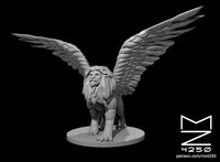 Grey digital render of a winged lion sphinx miniature by MZ4250 — wings spread wide, forepaws on a round base, maned head raised and alert, viewed from the front